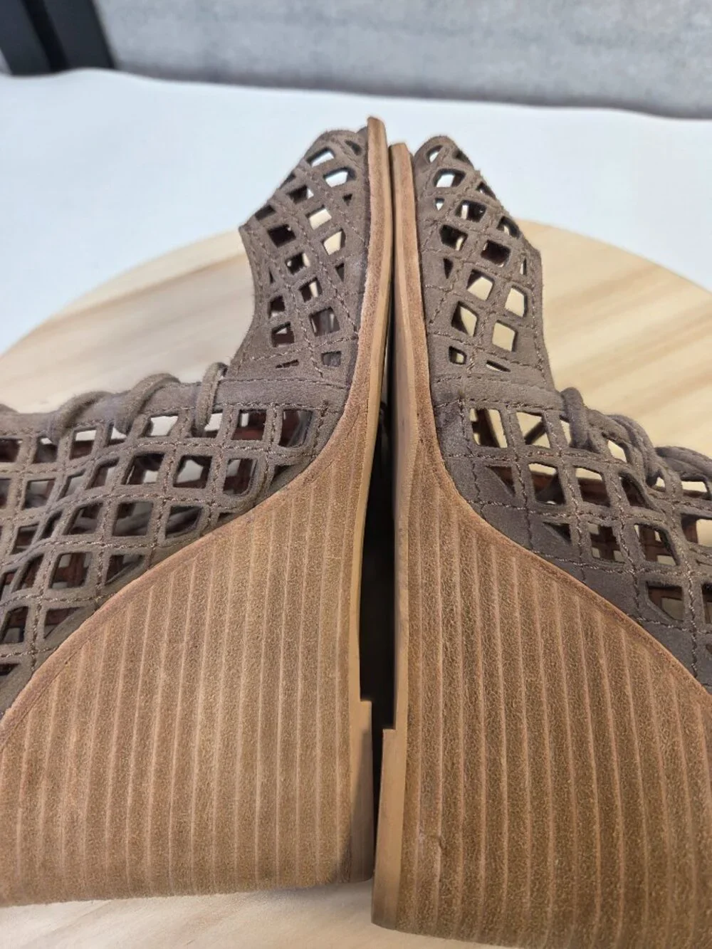 Jeffrey Campbell Taupe Laser Cut Suede Lace Up Wedge Open Toe Heels Women US 8